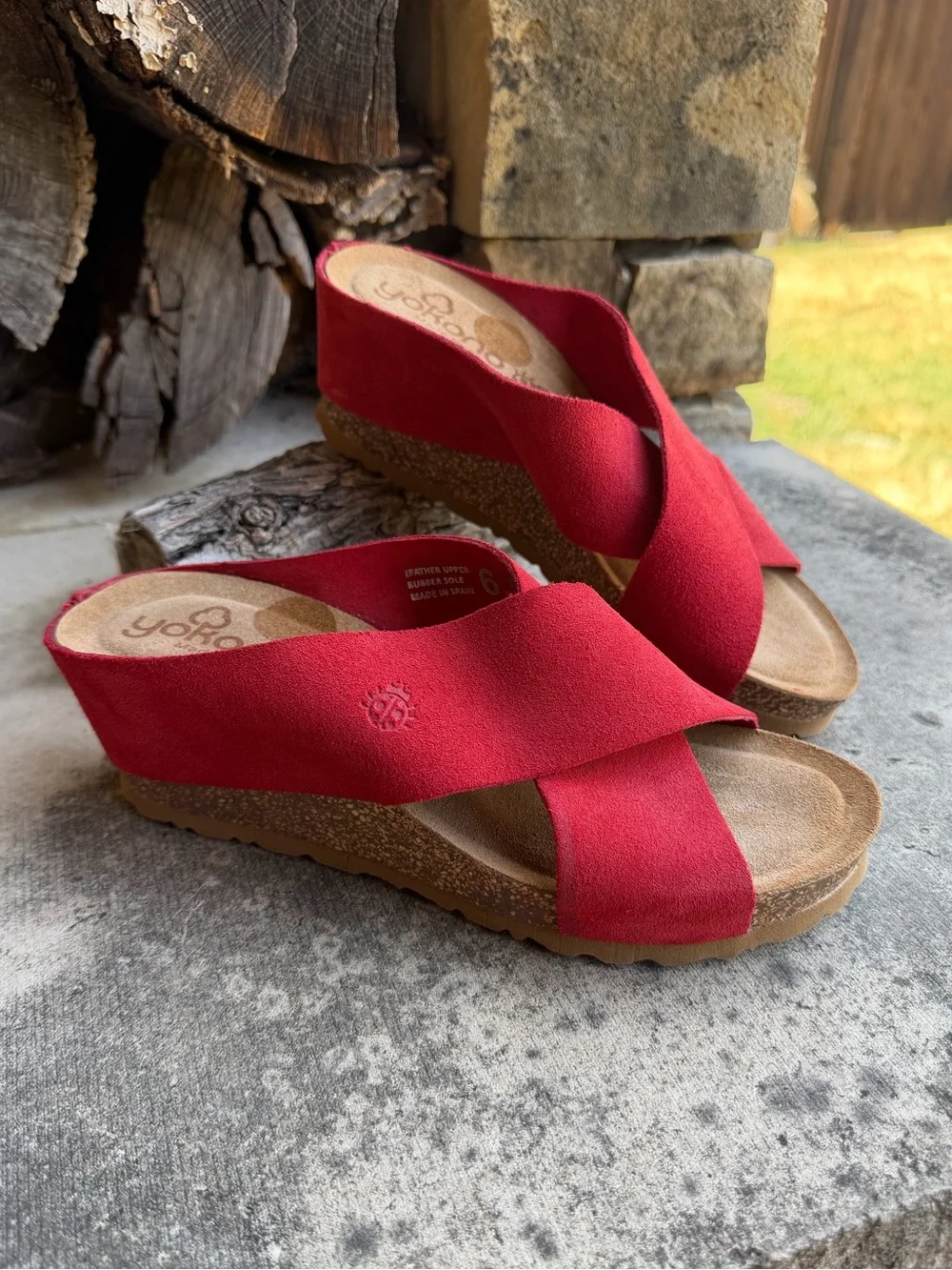 Yokono Red Leather Suede Wedge Slide Sandals Sz-6.5. V